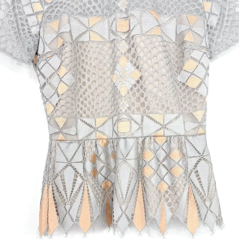 BCBGMAXAZRIA Light Dusk Contemporary Geometric Lace Mesh Overlay Peplum Blouse